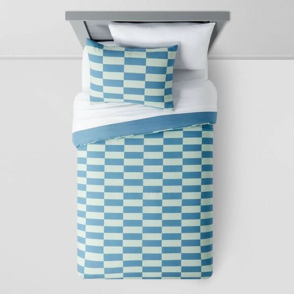 Pillowfort - Full/Queen Checkers Kids' Duvet Cover Teal Blue - Checkers - Picture 3 of 4